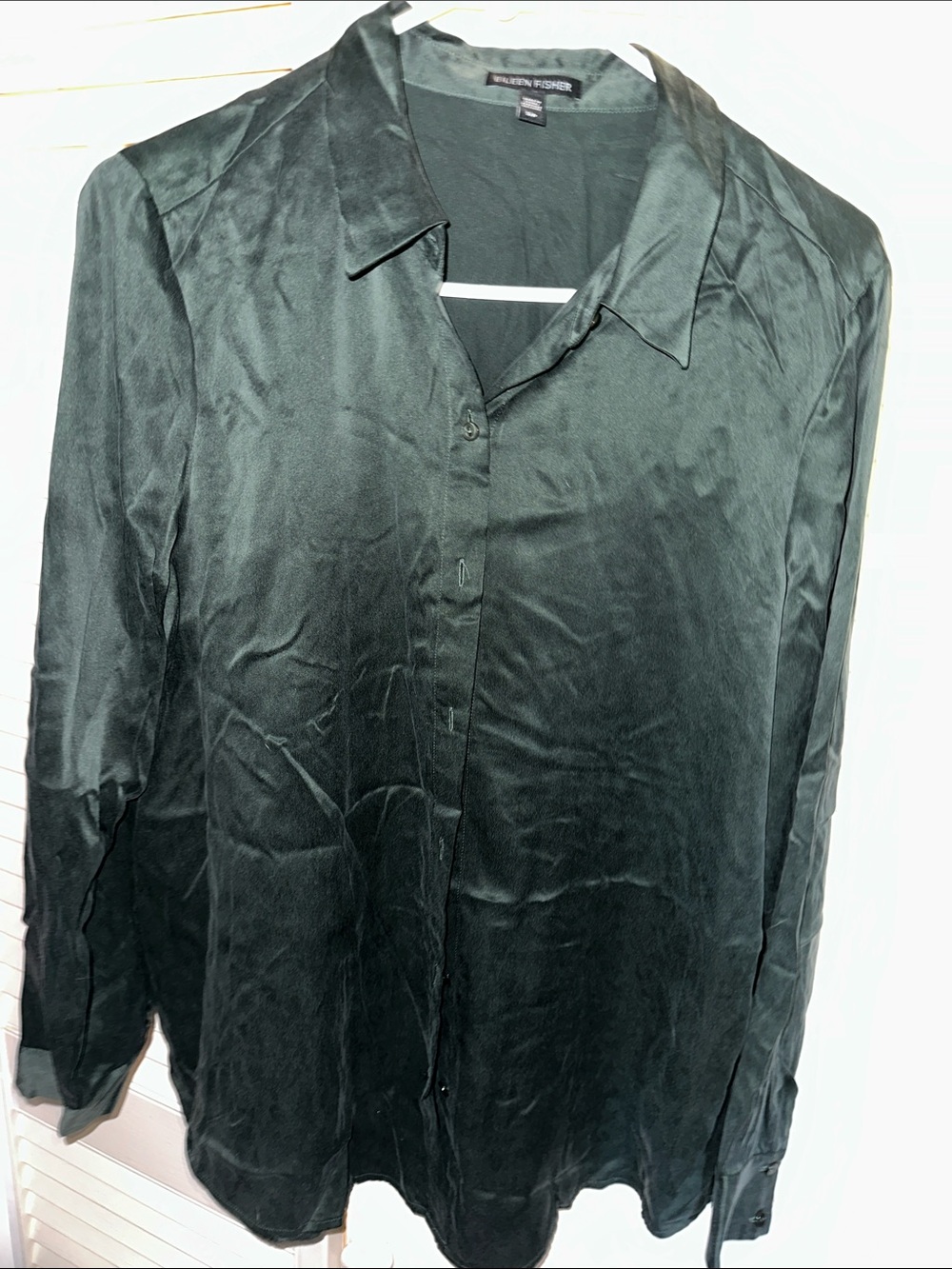 Eileen Fisher Deep Forest Green Satin Button-Front Shirt